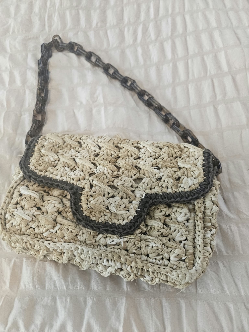 Handwoven Cream Raffia Shoulder Bag with Dark Gray Trim